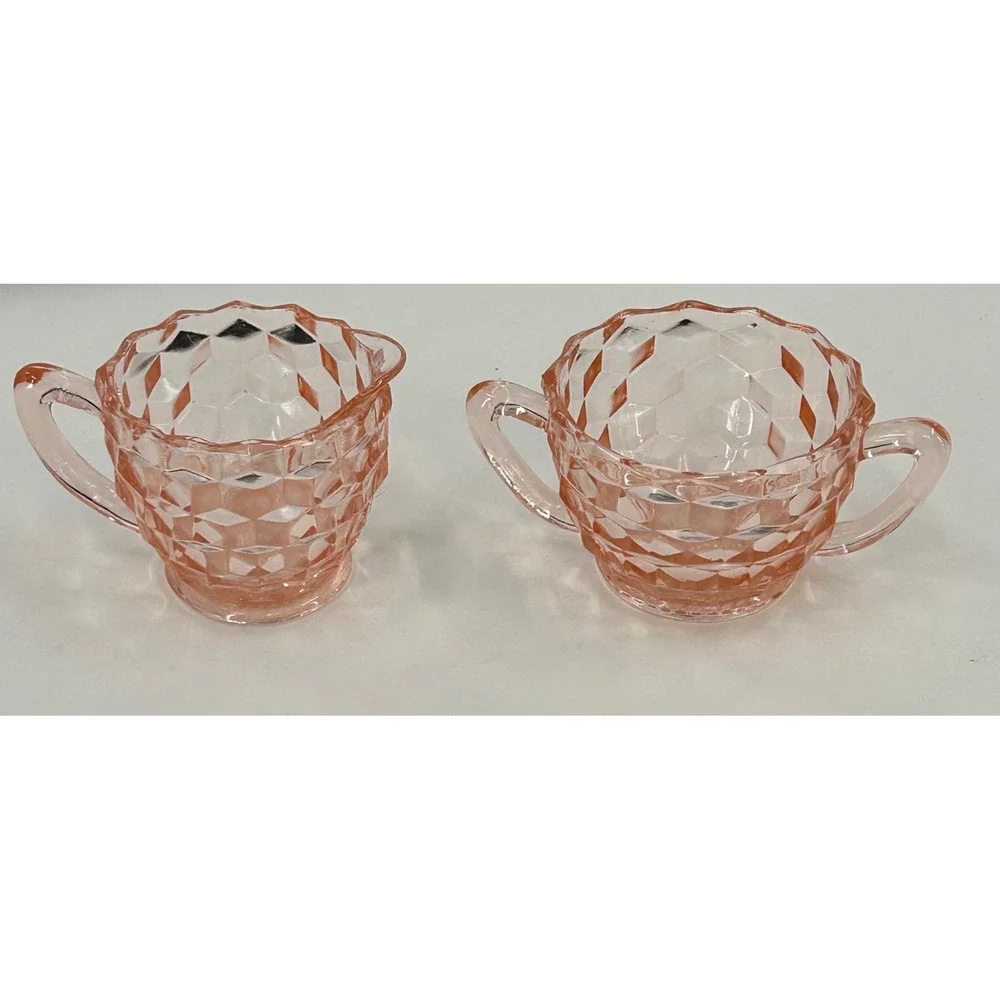 Vintage Pink Depression Glass Creamer and Sugar Bowl Set Diamond Point Pattern